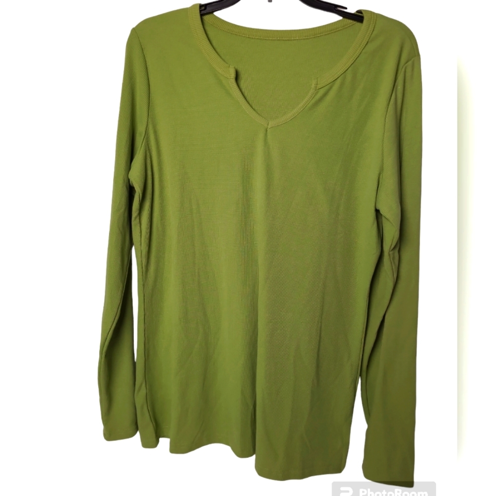 Women's Tops V Neck Long Sleeve Casual Slim Fitted Green T-Shirt Size XL